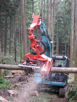 写真4：高性能林業機械（ハーベスタ）で木材の伐採