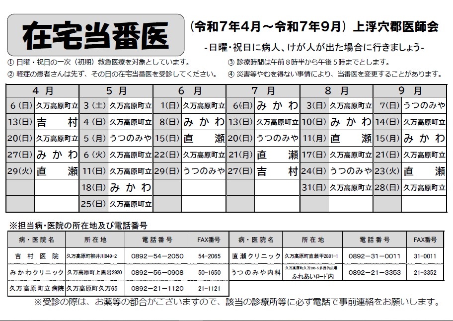 在宅当番医表 (令和７年４月から令和７年９月まで)