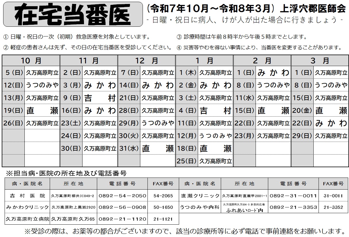在宅当番医表 (令和7年10月から令和8年3月まで)