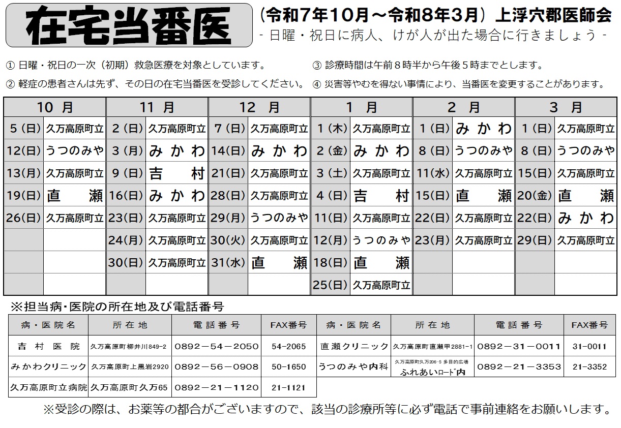 在宅当番医表 (令和7年10月から令和8年3月まで)